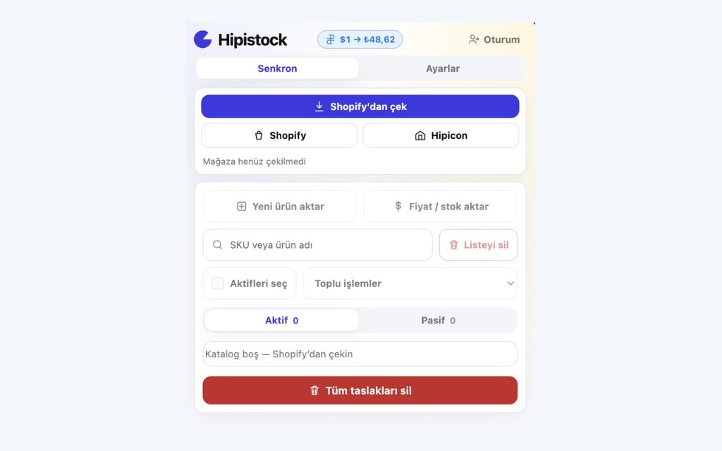 Hipistock yan paneli: Shopify’dan çek, ürün seçimi ve Hipicon’a aktarım